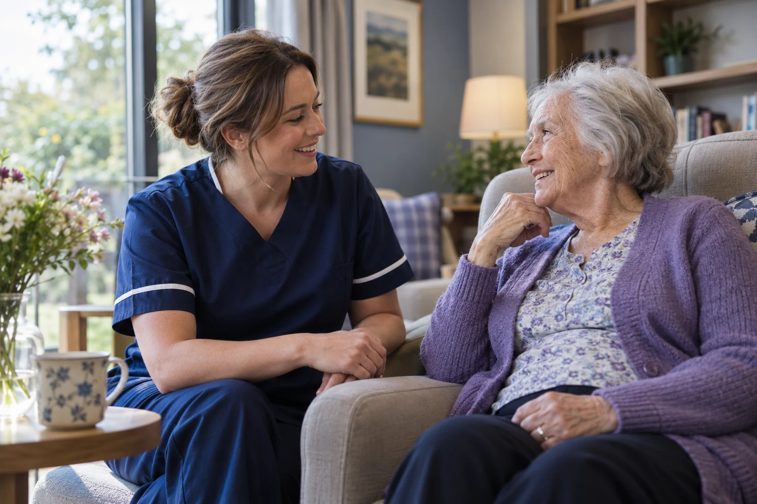 A care professional sharing a reassuring moment with an older woman